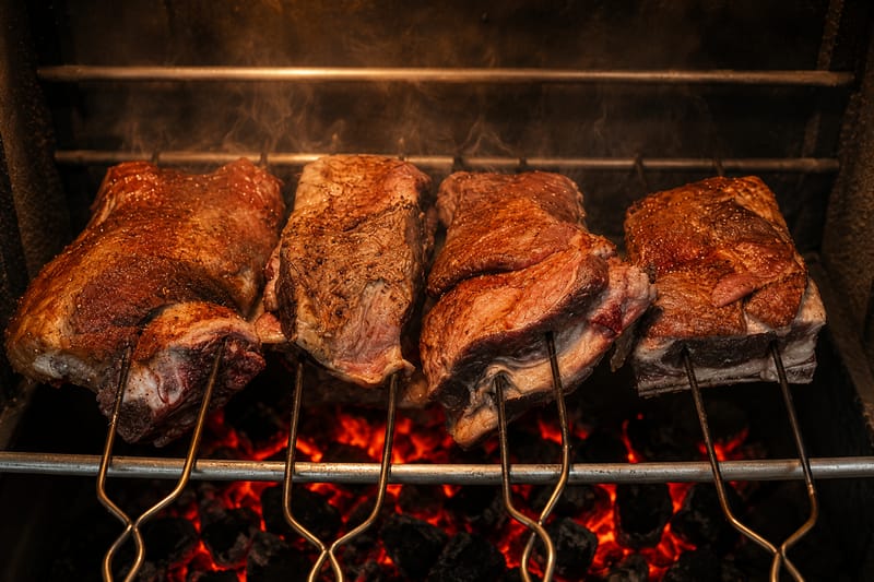 Quatro peças de costela espetadas sobre o carvão em brasa, soltando fumaça